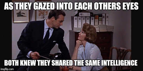 james bond II | AS THEY GAZED INTO EACH OTHERS EYES; BOTH KNEW THEY SHARED THE SAME INTELLIGENCE | image tagged in james bond ii | made w/ Imgflip meme maker