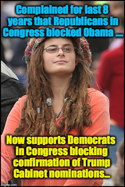 hippie girl big | Complained for last 8 years that Republicans in Congress blocked Obama .... Now supports Democrats in Congress blocking confirmation of Trump Cabinet nominations... | image tagged in hippie girl big | made w/ Imgflip meme maker