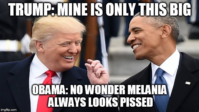 TRUMP: MINE IS ONLY THIS BIG; OBAMA: NO WONDER MELANIA ALWAYS LOOKS PISSED | image tagged in obama trump | made w/ Imgflip meme maker