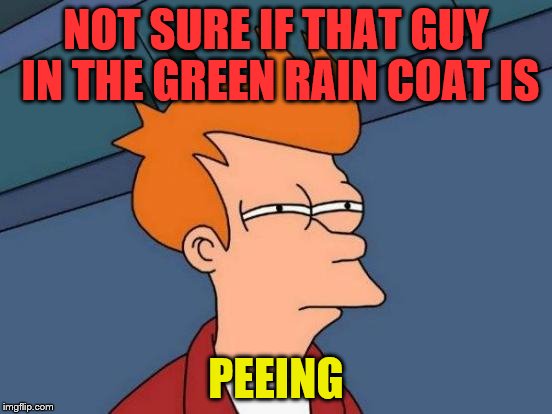 Futurama Fry Meme | NOT SURE IF THAT GUY IN THE GREEN RAIN COAT IS PEEING | image tagged in memes,futurama fry | made w/ Imgflip meme maker