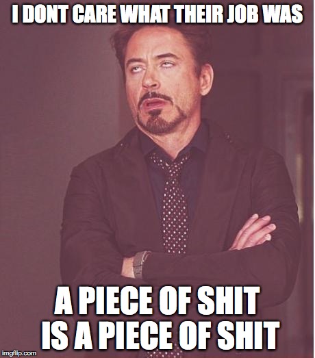 Face You Make Robert Downey Jr Meme | I DONT CARE WHAT THEIR JOB WAS; A PIECE OF SHIT IS A PIECE OF SHIT | image tagged in memes,face you make robert downey jr | made w/ Imgflip meme maker