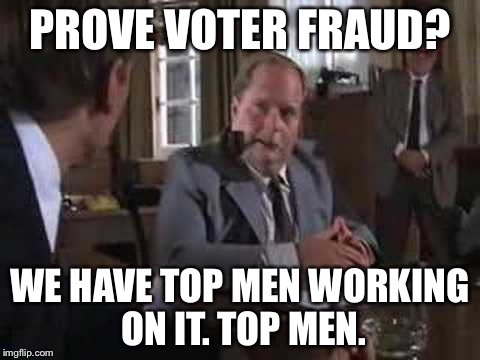 PROVE VOTER FRAUD? WE HAVE TOP MEN WORKING ON IT. TOP MEN. | image tagged in top men | made w/ Imgflip meme maker