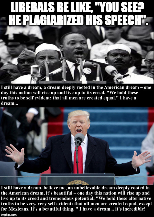 Trump's Inaugural Speech.  | LIBERALS BE LIKE, "YOU SEE? HE PLAGIARIZED HIS SPEECH". | image tagged in donald trump,president trump,inauguration day,liberal logic | made w/ Imgflip meme maker