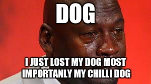 cry | DOG; I JUST LOST MY DOG MOST IMPORTANLY MY CHILLI DOG | image tagged in crying michael jordan | made w/ Imgflip meme maker