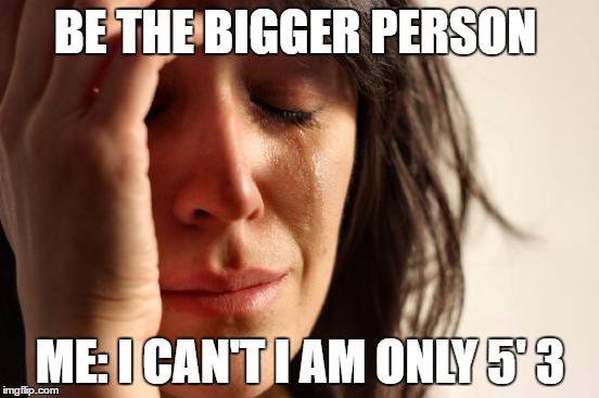 First World Problems | BE THE BIGGER PERSON; ME: I CAN'T I AM ONLY 5' 3 | image tagged in memes,first world problems | made w/ Imgflip meme maker