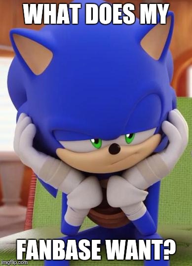 Disappointed Sonic | WHAT DOES MY; FANBASE WANT? | image tagged in disappointed sonic | made w/ Imgflip meme maker