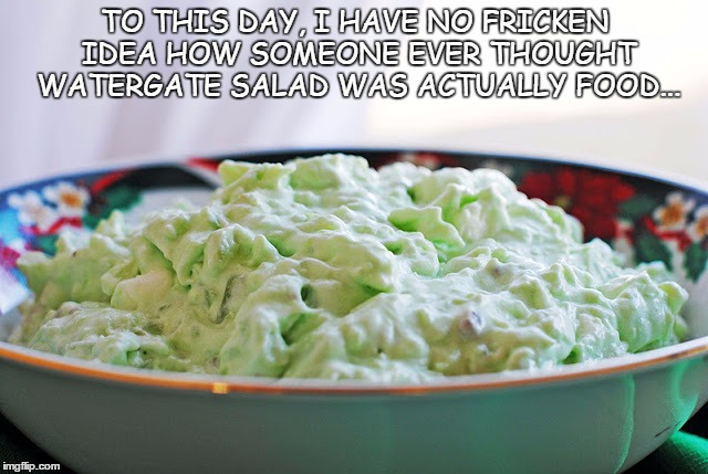 TO THIS DAY, I HAVE NO FRICKEN IDEA HOW SOMEONE EVER THOUGHT WATERGATE SALAD WAS ACTUALLY FOOD... | image tagged in watergate salad | made w/ Imgflip meme maker
