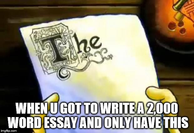 spongebob essay | WHEN U GOT TO WRITE A 2,000 WORD ESSAY AND ONLY HAVE THIS | image tagged in spongebob essay | made w/ Imgflip meme maker