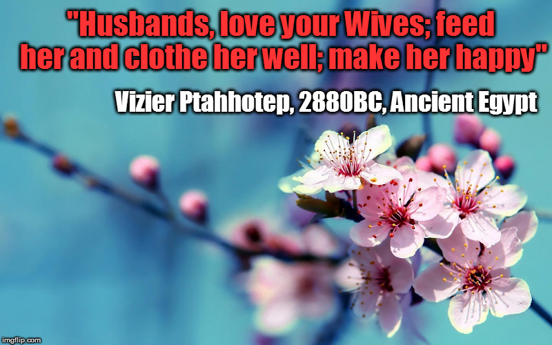 A Wise man knows no time. | "Husbands, love your Wives; feed her and clothe her well; make her happy"; Vizier Ptahhotep, 2880BC, Ancient Egypt | image tagged in advice,wife,quotes | made w/ Imgflip meme maker
