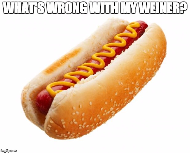 Hot dog  | WHAT'S WRONG WITH MY WEINER? | image tagged in hot dog | made w/ Imgflip meme maker