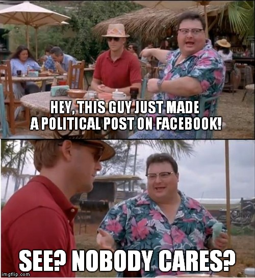 See Nobody Cares Meme |  HEY, THIS GUY JUST MADE A POLITICAL POST ON FACEBOOK! SEE? NOBODY CARES? | image tagged in memes,see nobody cares,politics,facebook | made w/ Imgflip meme maker