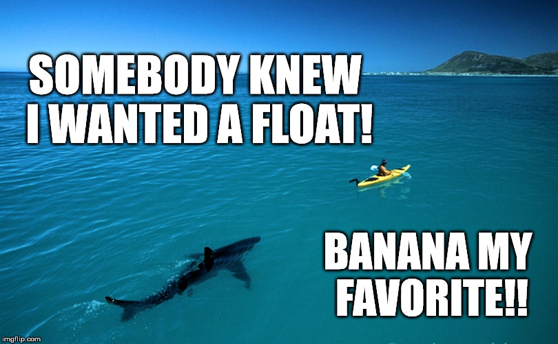 Shark Fast Food | SOMEBODY KNEW I WANTED A FLOAT! BANANA MY FAVORITE!! | image tagged in kayak shark,sharks,fast food | made w/ Imgflip meme maker