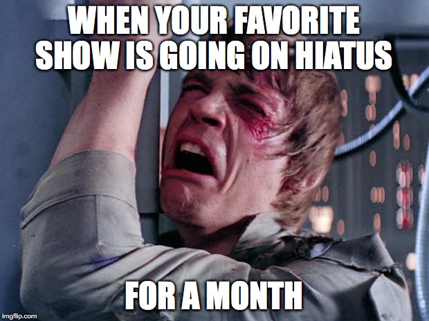 nothing else to do with my life... | WHEN YOUR FAVORITE SHOW IS GOING ON HIATUS; FOR A MONTH | image tagged in luke nooooo,shows,tv,hiatus,nooooo | made w/ Imgflip meme maker