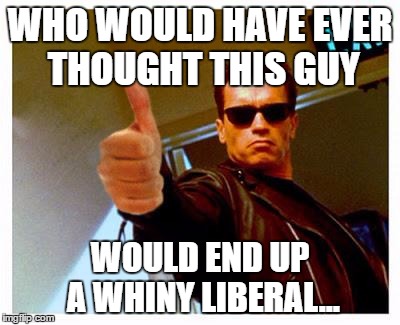 terminator thumbs up | WHO WOULD HAVE EVER THOUGHT THIS GUY; WOULD END UP A WHINY LIBERAL... | image tagged in terminator thumbs up | made w/ Imgflip meme maker