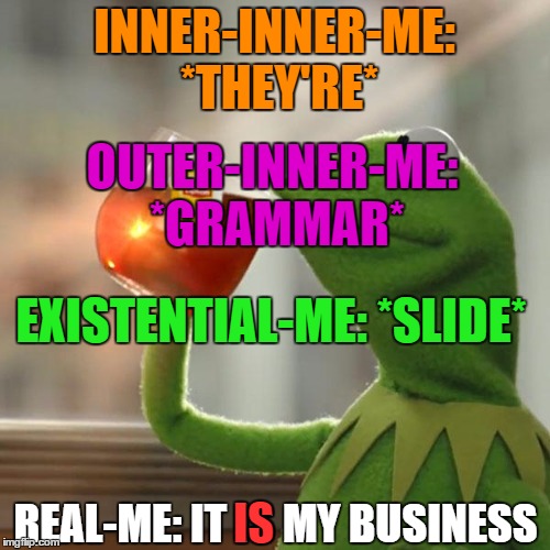 But That's None Of My Business Meme | INNER-INNER-ME: *THEY'RE* REAL-ME: IT IS MY BUSINESS OUTER-INNER-ME: *GRAMMAR* EXISTENTIAL-ME: *SLIDE* IS | image tagged in memes,but thats none of my business,kermit the frog | made w/ Imgflip meme maker