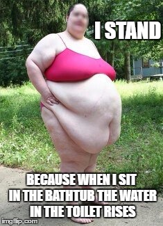 When the fat lady sings | I STAND; BECAUSE WHEN I SIT IN THE BATHTUB THE WATER IN THE TOILET RISES | image tagged in yo mamas so fat,fat,toilet humor,raydog | made w/ Imgflip meme maker