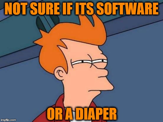 Futurama Fry Meme | NOT SURE IF ITS SOFTWARE OR A DIAPER | image tagged in memes,futurama fry | made w/ Imgflip meme maker