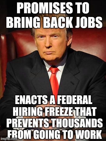 Got any more of them jobs? | PROMISES TO BRING BACK JOBS; ENACTS A FEDERAL HIRING FREEZE THAT PREVENTS THOUSANDS FROM GOING TO WORK | image tagged in serious trump | made w/ Imgflip meme maker