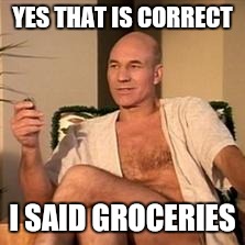 Sexy Picard | YES THAT IS CORRECT; I SAID GROCERIES | image tagged in sexy picard | made w/ Imgflip meme maker