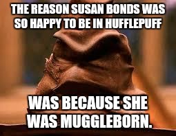 Harry Potter Sorting Hat | THE REASON SUSAN BONDS WAS SO HAPPY TO BE IN HUFFLEPUFF; WAS BECAUSE SHE WAS MUGGLEBORN. | image tagged in harry potter sorting hat | made w/ Imgflip meme maker