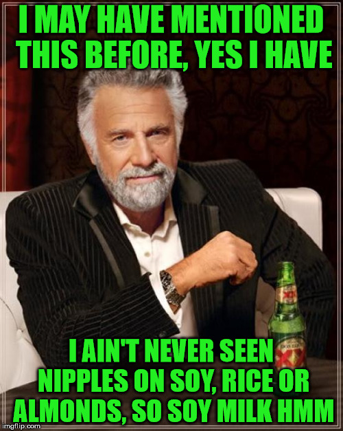 The Most Interesting Man In The World Meme | I MAY HAVE MENTIONED THIS BEFORE, YES I HAVE I AIN'T NEVER SEEN NIPPLES ON SOY, RICE OR ALMONDS, SO SOY MILK HMM | image tagged in memes,the most interesting man in the world | made w/ Imgflip meme maker
