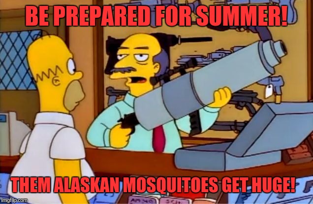 shooting down police helicopters | BE PREPARED FOR SUMMER! THEM ALASKAN MOSQUITOES GET HUGE! | image tagged in shooting down police helicopters | made w/ Imgflip meme maker