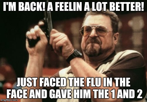 I'm baaacckk!! | I'M BACK! A FEELIN A LOT BETTER! JUST FACED THE FLU IN THE FACE AND GAVE HIM THE 1 AND 2 | image tagged in memes,am i the only one around here,faced the flu,looked at it in the face | made w/ Imgflip meme maker