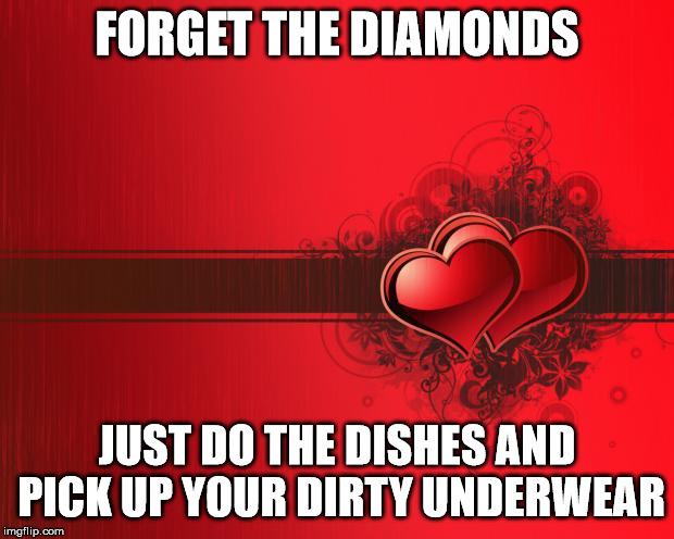 Seriously, guys.  You can save a lot of money and she'll be just as happy. | FORGET THE DIAMONDS; JUST DO THE DISHES AND PICK UP YOUR DIRTY UNDERWEAR | image tagged in valentines day,marriage,diamonds,true love | made w/ Imgflip meme maker