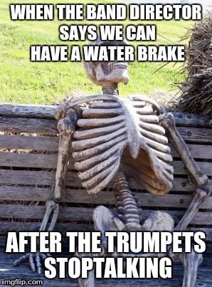Waiting Skeleton Meme | WHEN THE BAND DIRECTOR SAYS WE CAN HAVE A WATER BRAKE; AFTER THE TRUMPETS STOPTALKING | image tagged in memes,waiting skeleton | made w/ Imgflip meme maker
