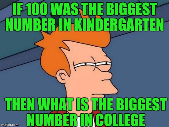 Why I Hate Algebra  | IF 100 WAS THE BIGGEST NUMBER IN KINDERGARTEN; THEN WHAT IS THE BIGGEST NUMBER IN COLLEGE | image tagged in memes,futurama fry | made w/ Imgflip meme maker