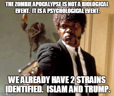 Say That Again I Dare You | THE ZOMBIE APOCALYPSE IS NOT A BIOLOGICAL EVENT.  IT IS A PSYCHOLOGICAL EVENT. WE ALREADY HAVE 2 STRAINS IDENTIFIED.  ISLAM AND TRUMP. | image tagged in memes,say that again i dare you | made w/ Imgflip meme maker