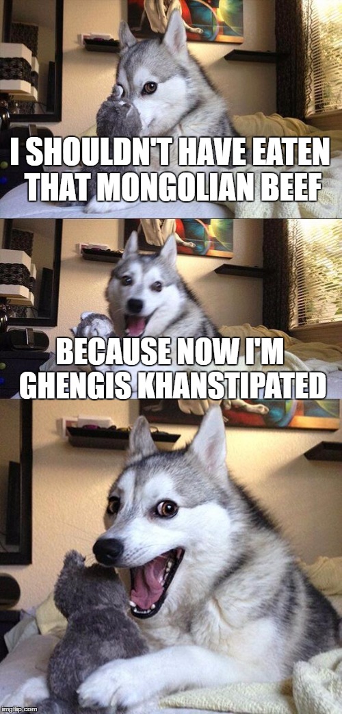 Bad Pun Dog | I SHOULDN'T HAVE EATEN THAT MONGOLIAN BEEF; BECAUSE NOW I'M GHENGIS KHANSTIPATED | image tagged in memes,bad pun dog | made w/ Imgflip meme maker