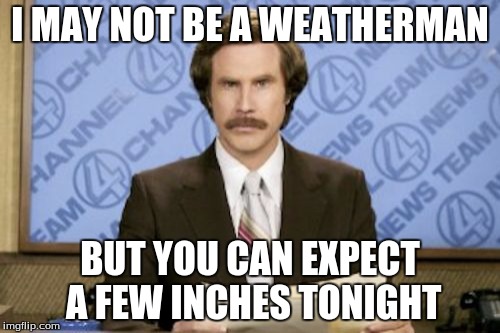 Ron Burgundy | I MAY NOT BE A WEATHERMAN; BUT YOU CAN EXPECT A FEW INCHES TONIGHT | image tagged in memes,ron burgundy | made w/ Imgflip meme maker