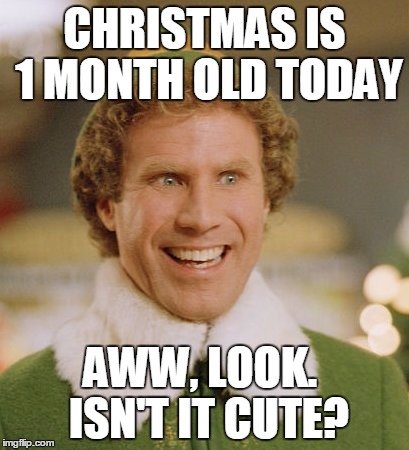Buddy The Elf Meme | CHRISTMAS IS 1 MONTH OLD TODAY; AWW, LOOK.  ISN'T IT CUTE? | image tagged in memes,buddy the elf | made w/ Imgflip meme maker