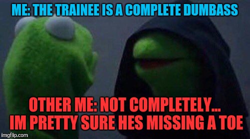 F.N.G-Me to Me | ME: THE TRAINEE IS A COMPLETE DUMBASS; OTHER ME: NOT COMPLETELY... IM PRETTY SURE HES MISSING A TOE | image tagged in kermit me to me | made w/ Imgflip meme maker