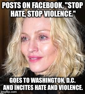 POSTS ON FACEBOOK, "STOP HATE, STOP VIOLENCE."; GOES TO WASHINGTON, D.C. AND INCITES HATE AND VIOLENCE. | image tagged in madonna | made w/ Imgflip meme maker