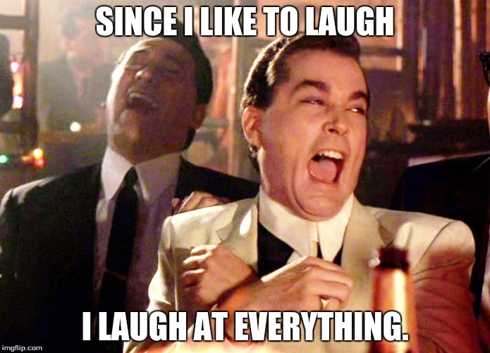 Good Fellas Hilarious | SINCE I LIKE TO LAUGH; I LAUGH AT EVERYTHING. | image tagged in memes,good fellas hilarious | made w/ Imgflip meme maker