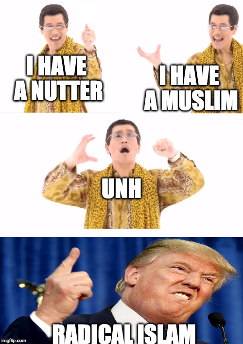 PPATRUMP | I HAVE A NUTTER; I HAVE A MUSLIM; UNH; RADICAL ISLAM | image tagged in memes,ppap | made w/ Imgflip meme maker
