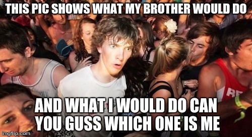 Sudden Clarity Clarence Meme | THIS PIC SHOWS WHAT MY BROTHER WOULD DO; AND WHAT I WOULD DO CAN YOU GUSS WHICH ONE IS ME | image tagged in memes,sudden clarity clarence | made w/ Imgflip meme maker