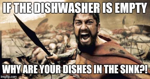 Sparta Leonidas Meme | IF THE DISHWASHER IS EMPTY; WHY ARE YOUR DISHES IN THE SINK?! | image tagged in memes,sparta leonidas | made w/ Imgflip meme maker