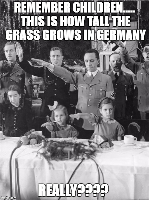 How tall does grass grow in Germany? | REMEMBER CHILDREN..... THIS IS HOW TALL THE GRASS GROWS IN GERMANY; REALLY???? | image tagged in nazis | made w/ Imgflip meme maker