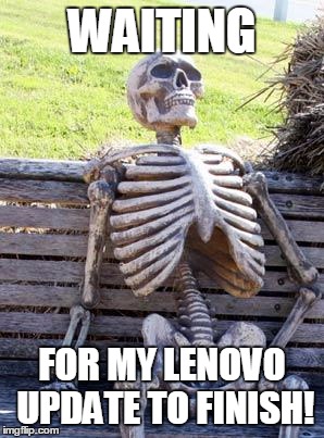 Waiting Skeleton Meme | WAITING; FOR MY LENOVO UPDATE TO FINISH! | image tagged in memes,waiting skeleton | made w/ Imgflip meme maker