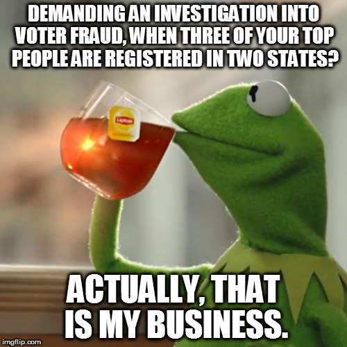 But That's None Of My Business Meme | DEMANDING AN INVESTIGATION INTO VOTER FRAUD, WHEN THREE OF YOUR TOP PEOPLE ARE REGISTERED IN TWO STATES? ACTUALLY, THAT IS MY BUSINESS. | image tagged in memes,but thats none of my business,kermit the frog | made w/ Imgflip meme maker