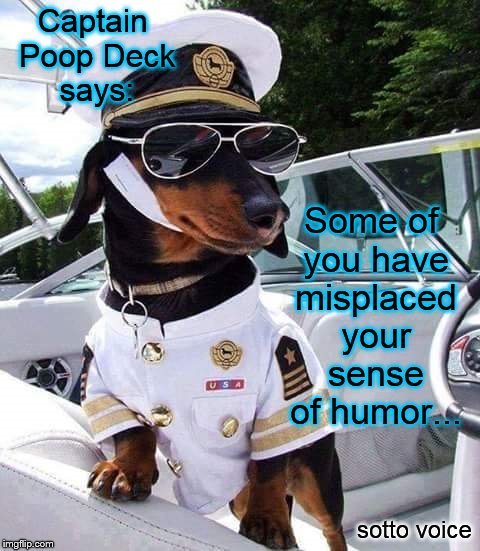 Captain Poop Deck says:; Some of you have misplaced your sense of humor... sotto voice | image tagged in dog | made w/ Imgflip meme maker