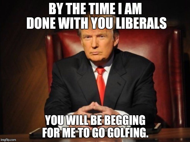 donald trump | BY THE TIME I AM DONE WITH YOU LIBERALS; YOU WILL BE BEGGING FOR ME TO GO GOLFING. | image tagged in donald trump | made w/ Imgflip meme maker