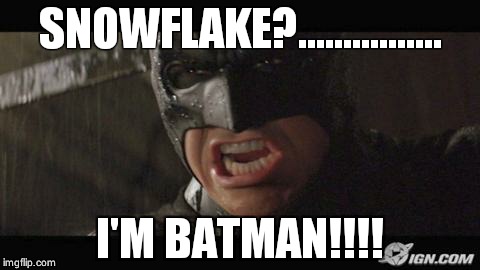 angry batman | SNOWFLAKE?................ I'M BATMAN!!!! | image tagged in angry batman | made w/ Imgflip meme maker