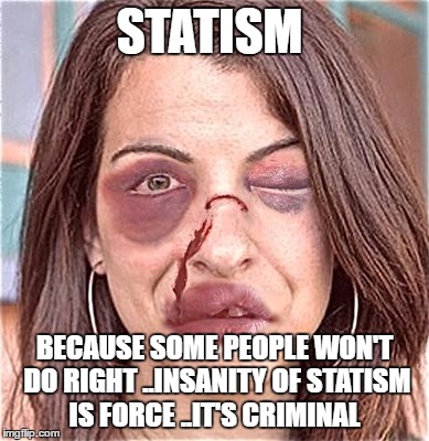 beaten women | STATISM; BECAUSE SOME PEOPLE WON'T DO RIGHT ..INSANITY OF STATISM IS FORCE ..IT'S CRIMINAL | image tagged in beaten women | made w/ Imgflip meme maker