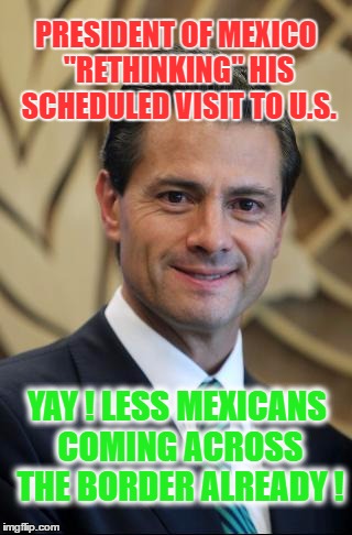 President of Mexico | PRESIDENT OF MEXICO "RETHINKING" HIS SCHEDULED VISIT TO U.S. YAY ! LESS MEXICANS COMING ACROSS THE BORDER ALREADY ! | image tagged in president of mexico | made w/ Imgflip meme maker
