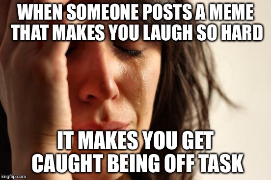 First World Problems Meme | WHEN SOMEONE POSTS A MEME THAT MAKES YOU LAUGH SO HARD IT MAKES YOU GET CAUGHT BEING OFF TASK | image tagged in memes,first world problems | made w/ Imgflip meme maker