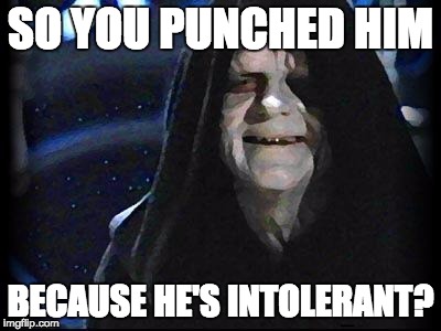 Emperor Palpatine | SO YOU PUNCHED HIM; BECAUSE HE'S INTOLERANT? | image tagged in emperor palpatine | made w/ Imgflip meme maker